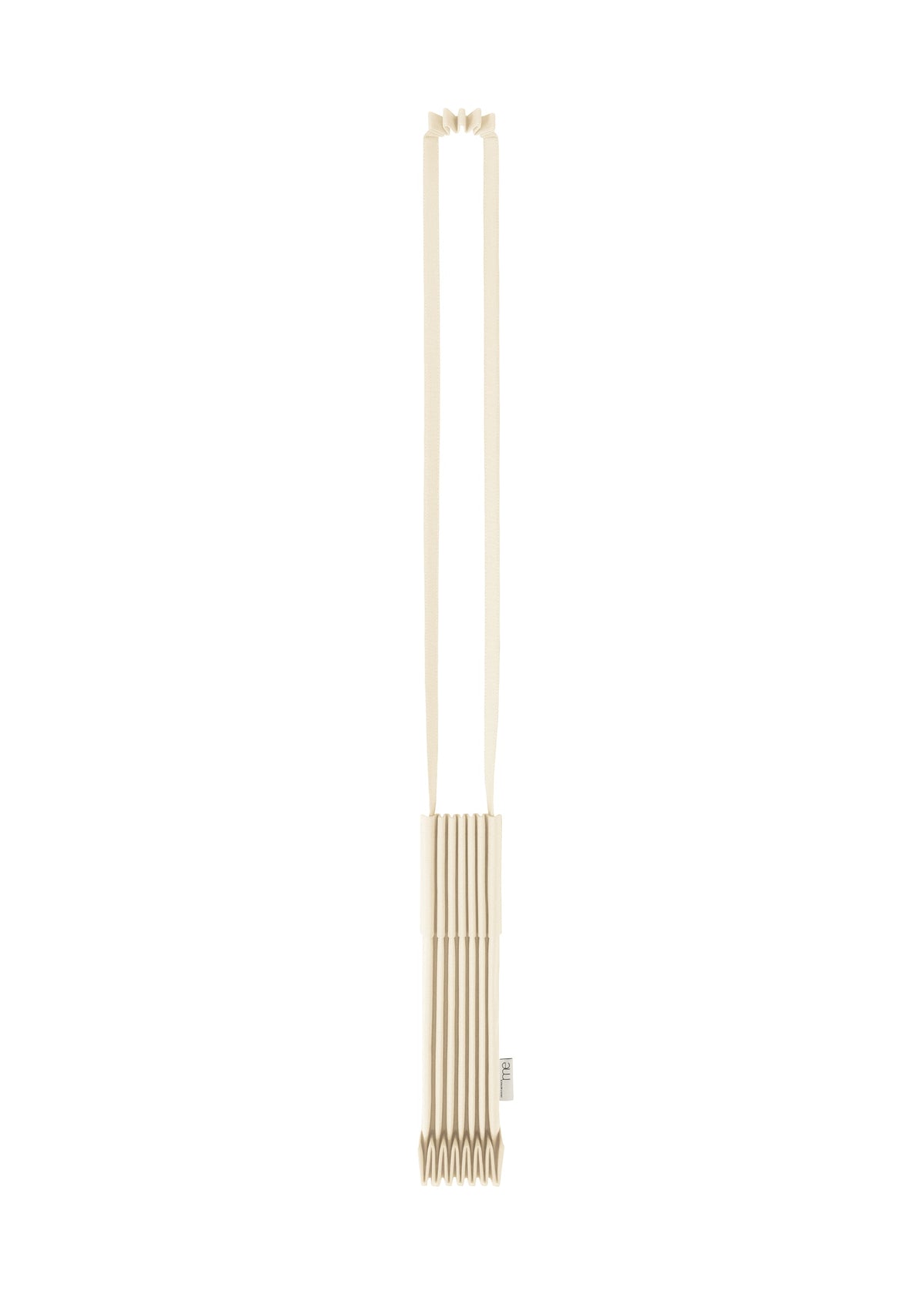 A beige TRUNK PLEATS BAG 12 by me ISSEY MIYAKE, crafted from pleated fabric and featuring two long shoulder straps, is displayed vertically against a white background. view 1 of 16