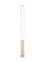 A beige TRUNK PLEATS BAG 12 by me ISSEY MIYAKE, crafted from pleated fabric and featuring two long shoulder straps, is displayed vertically against a white background. - OFF WHITE （no.02）