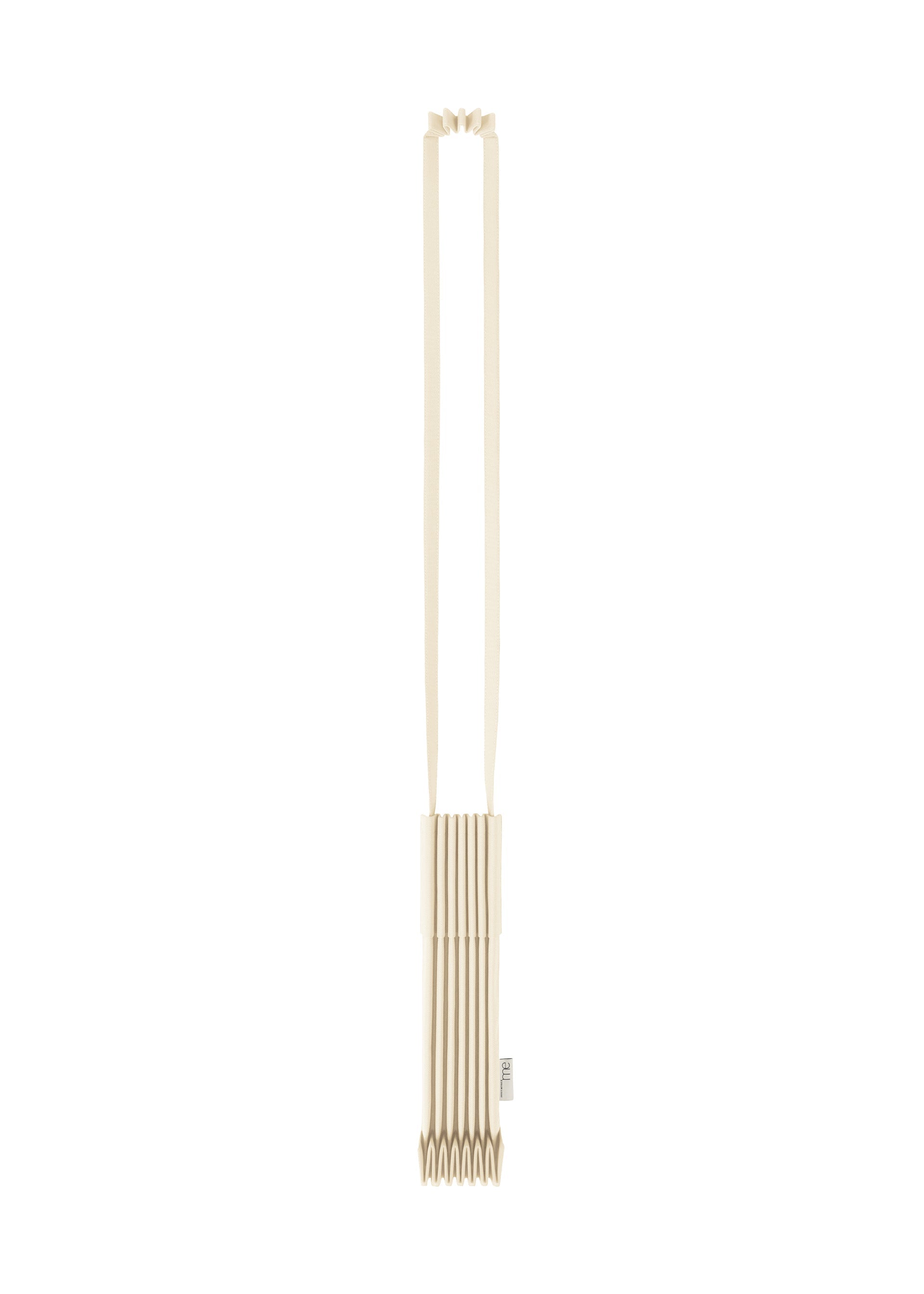 Zoomed view A beige TRUNK PLEATS BAG 12 by me ISSEY MIYAKE, crafted from pleated fabric and featuring two long shoulder straps, is displayed vertically against a white background. - OFF WHITE （no.02）