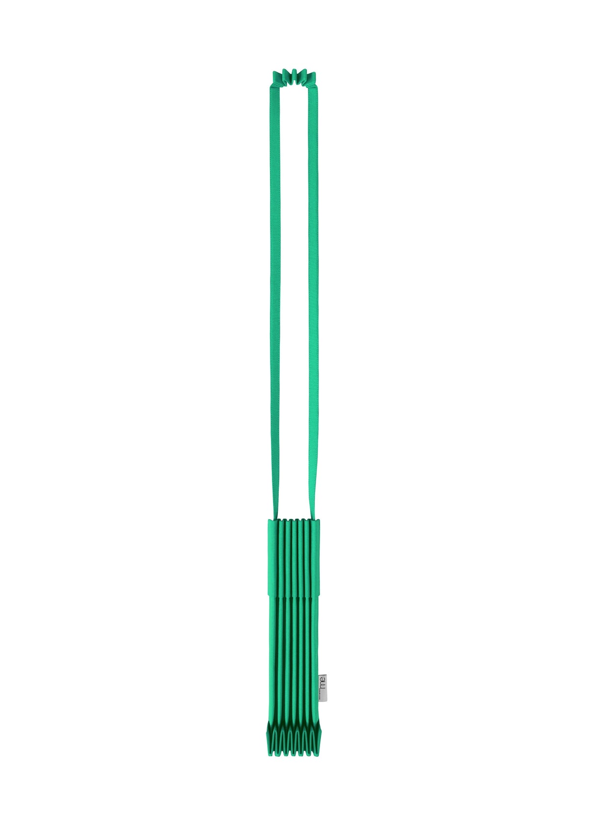 A vivid green me ISSEY MIYAKE TRUNK PLEATS BAG 12 featuring a long strap and a pleated, accordion-like bottom section, displayed against a white background. view 7 of 16
