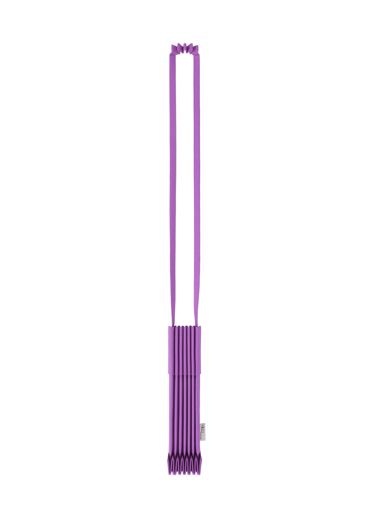 A vibrant purple me ISSEY MIYAKE TRUNK PLEATS BAG 12, featuring accordion folds and matching long handles, hangs vertically against a white background. view 9 of 16