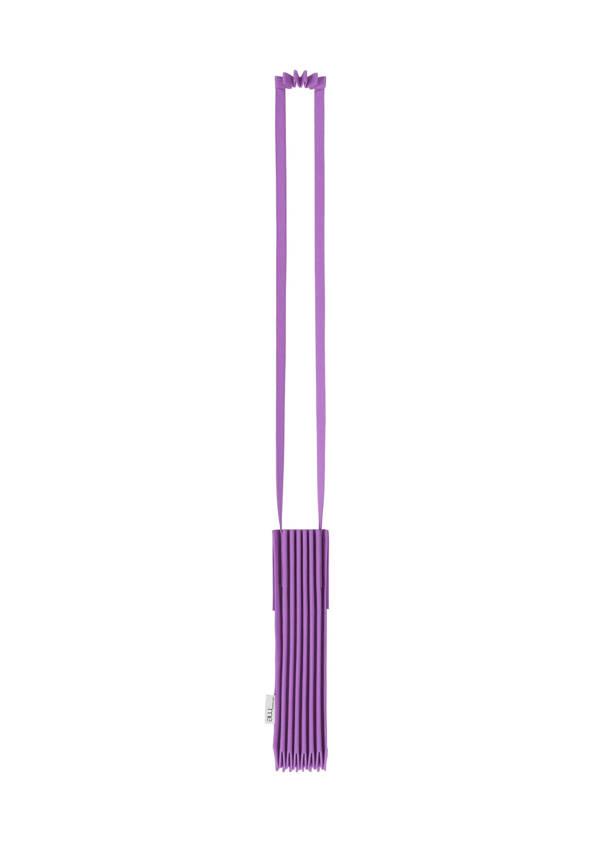 A compact, rectangular TRUNK PLEATS BAG 12 by me ISSEY MIYAKE in a striking purple shade, featuring distinctive pleated detailing and a long coordinating strap for convenient shoulder wear, showcased against a white background. view 13 of 16