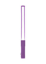 A compact, rectangular TRUNK PLEATS BAG 12 by me ISSEY MIYAKE in a striking purple shade, featuring distinctive pleated detailing and a long coordinating strap for convenient shoulder wear, showcased against a white background.