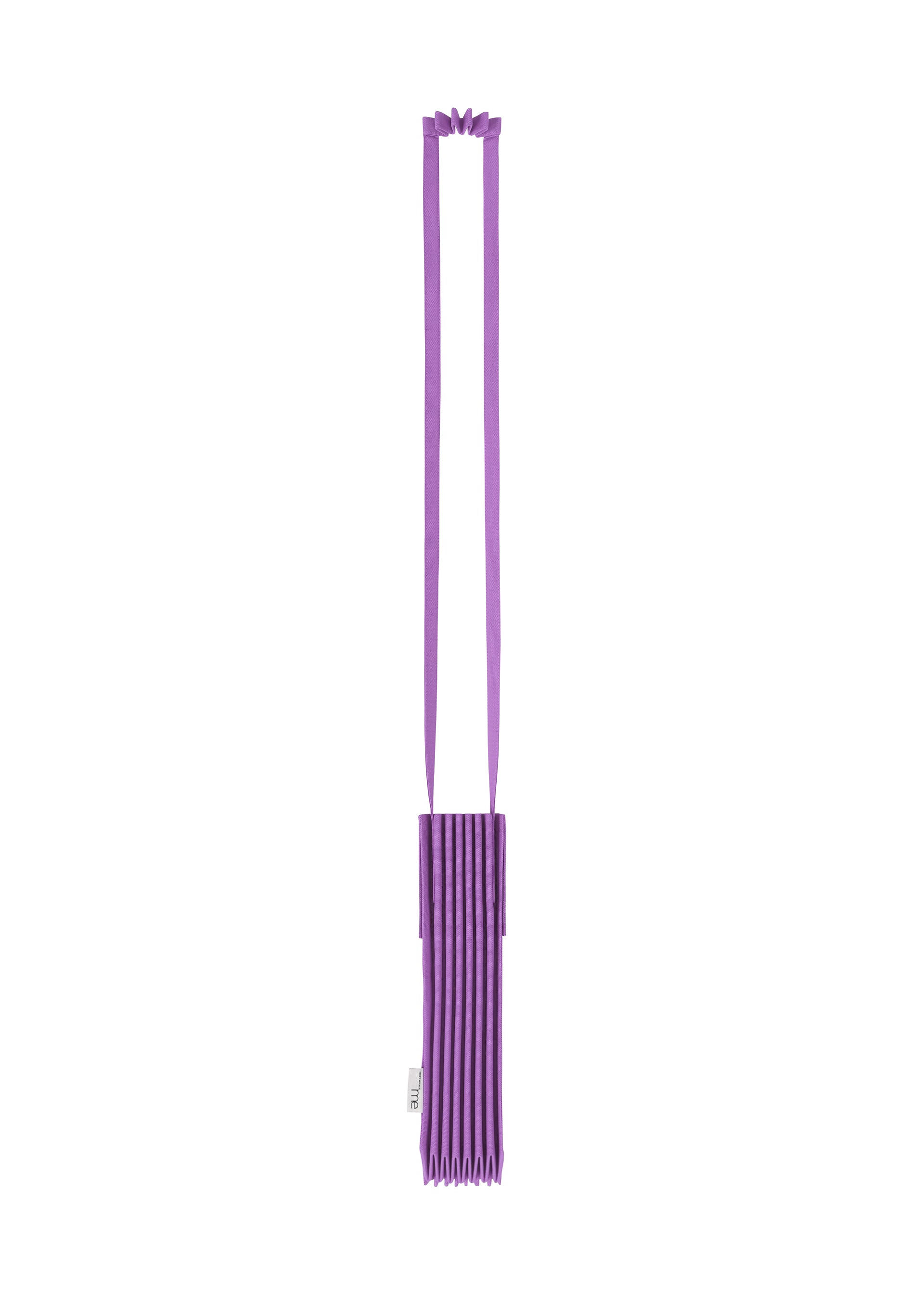 Zoomed view A compact, rectangular TRUNK PLEATS BAG 12 by me ISSEY MIYAKE in a striking purple shade, featuring distinctive pleated detailing and a long coordinating strap for convenient shoulder wear, showcased against a white background.
