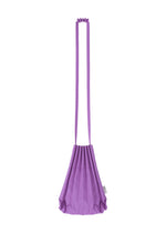 A vibrant purple TRUNK PLEATS BAG 12 by me ISSEY MIYAKE, this pleated handbag features a long, flat strap and a distinctive geometric fan-shaped base. Presented against a white background, it makes a bold statement as an eye-catching shoulder bag—ideal for elevating any outfit with its vivid color.