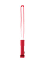 A striking red, rectangular TRUNK PLEATS BAG 12 by me ISSEY MIYAKE with a long strap is displayed vertically against a white background. This shoulder bag showcases an accordion-style pleated design and features a small tag on the side. - CHERRY RED （no.92）
