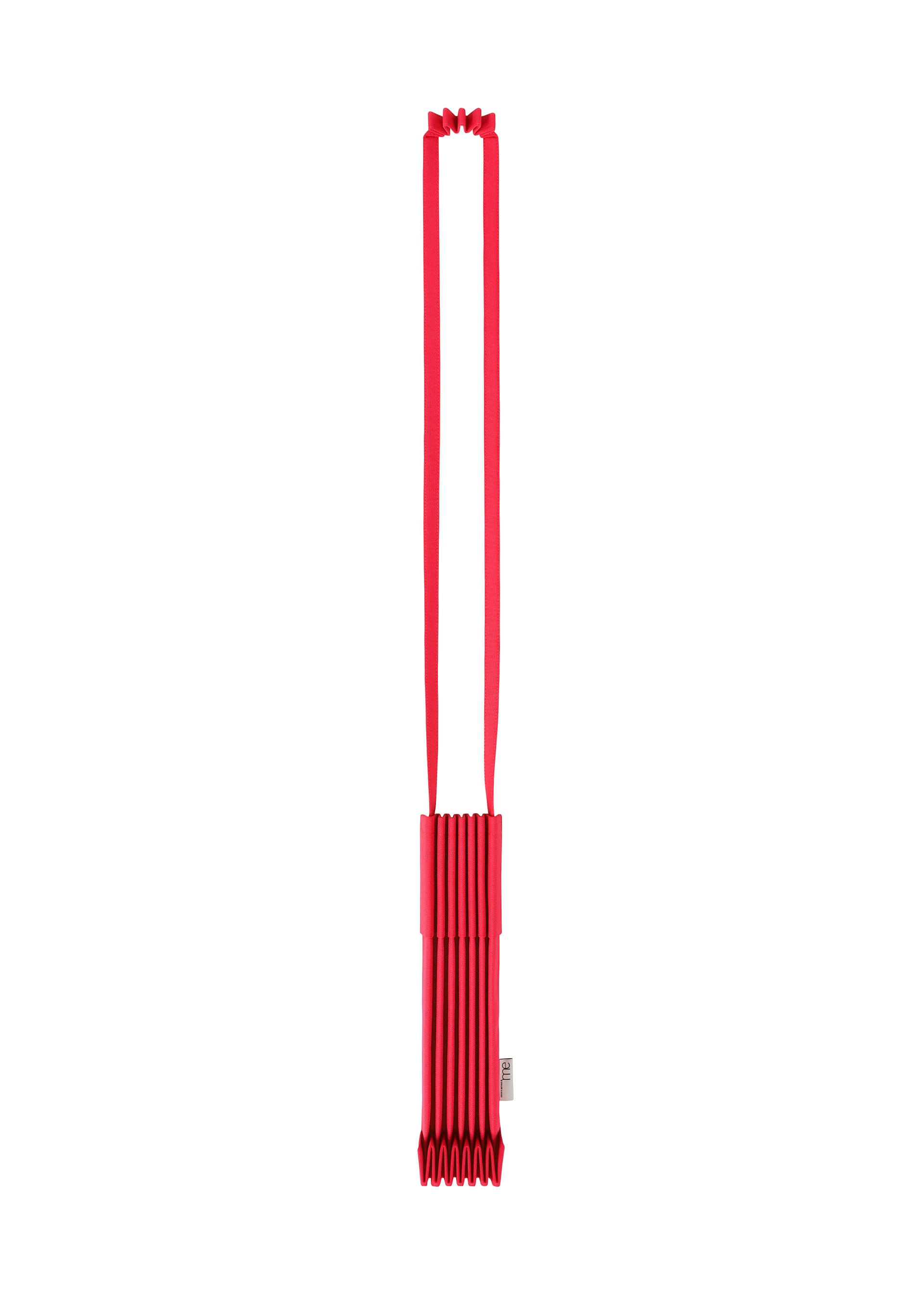 Zoomed view A striking red, rectangular TRUNK PLEATS BAG 12 by me ISSEY MIYAKE with a long strap is displayed vertically against a white background. This shoulder bag showcases an accordion-style pleated design and features a small tag on the side. - CHERRY RED （no.92）