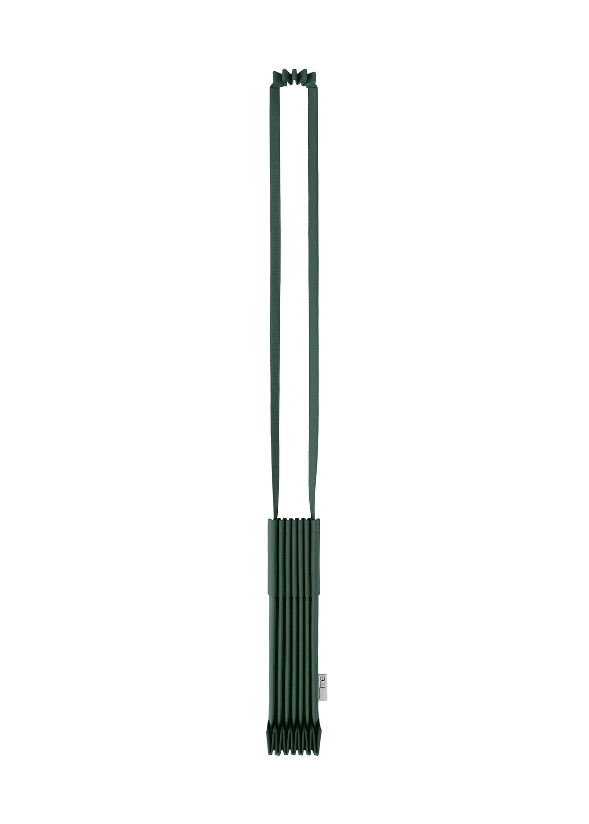 A dark green TRUNK PLEATS BAG 12 by me ISSEY MIYAKE, crafted from pleated fabric with a long, flat shoulder strap. This compact shoulder bag showcases vivid color and vertical ribbing, with a small tag visible on the lower right side. Set against a plain white background. view 12 of 16