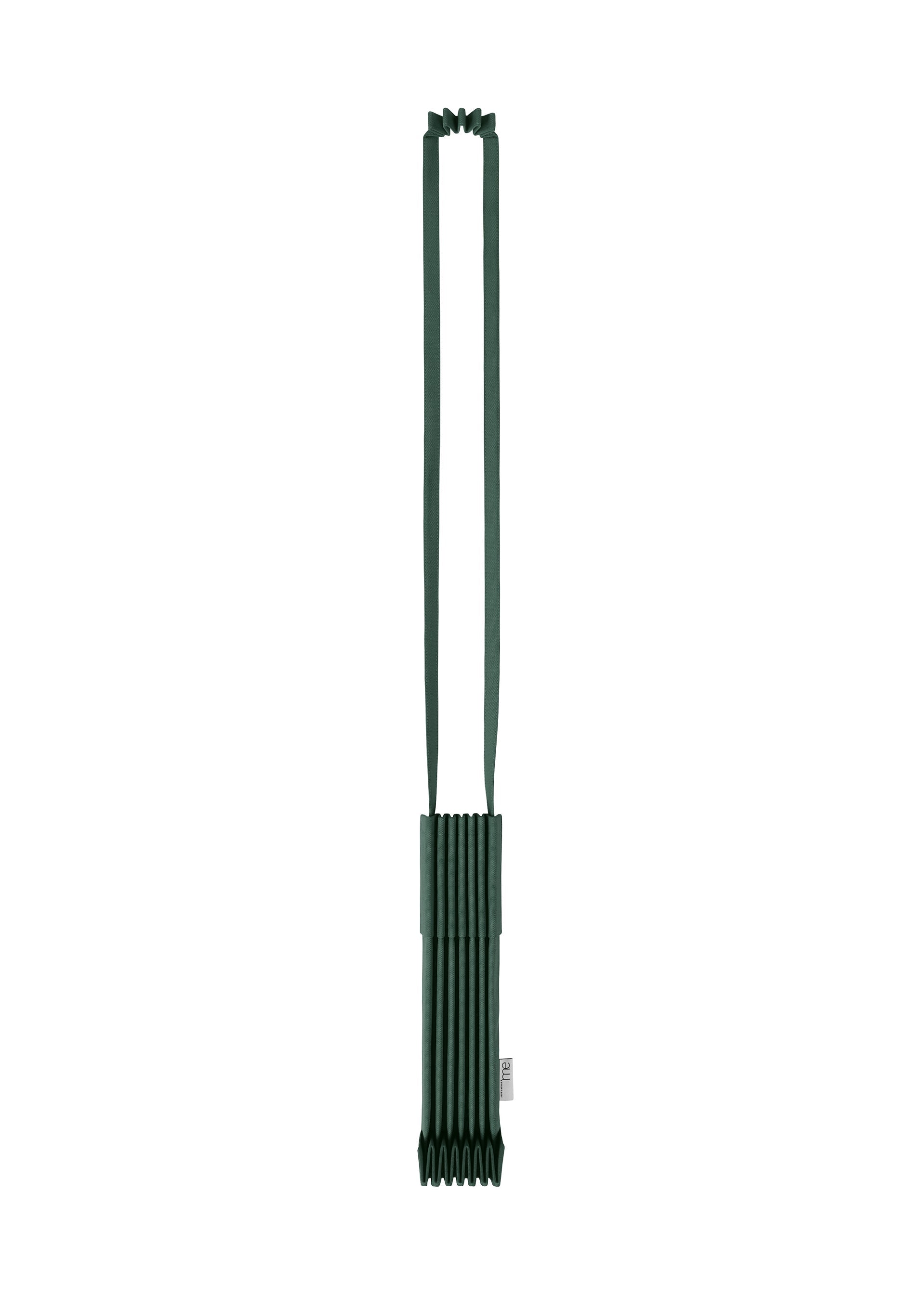 Zoomed view A dark green TRUNK PLEATS BAG 12 by me ISSEY MIYAKE, crafted from pleated fabric with a long, flat shoulder strap. This compact shoulder bag showcases vivid color and vertical ribbing, with a small tag visible on the lower right side. Set against a plain white background. - DARK GREEN （no.94）