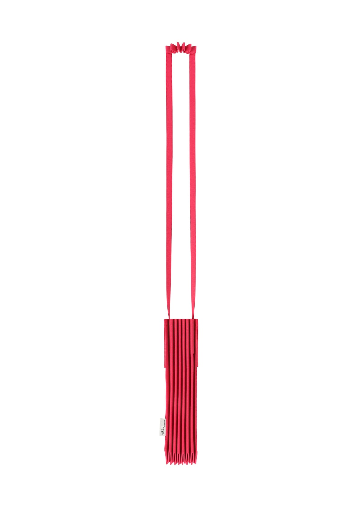 The TRUNK PLEATS BAG 12 by me ISSEY MIYAKE is a red pleated shoulder bag with a long, flat strap and an accordion-style body, displayed against a white background. view 14 of 16