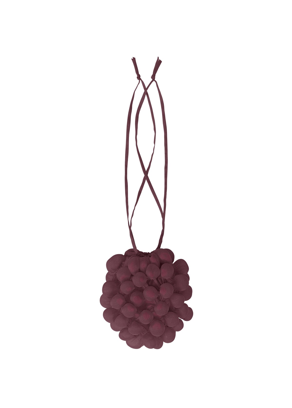 The FRUITS POUCH by me ISSEY MIYAKE is a small, round, deep burgundy bag with petal-like fabric details and long, thin shoulder straps, shown against a white background. view 1 of 6