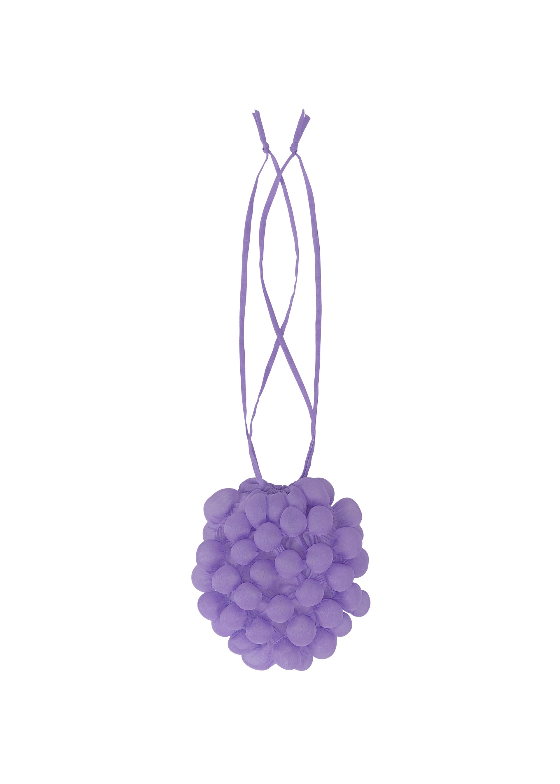 Zoomed view The FRUITS POUCH by me ISSEY MIYAKE is a small, round purple handbag with a bubble-like 3D pouch surface and two long shoulder straps, shown against a white background. - BLUEBERRY （no.97）