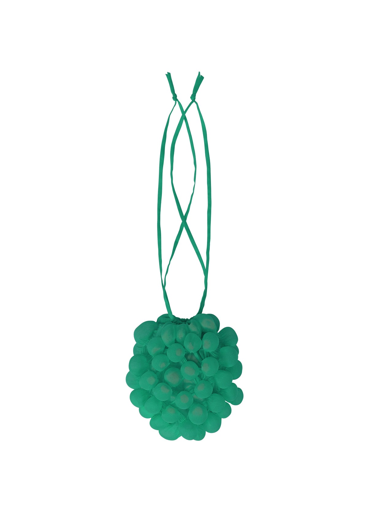 The FRUITS POUCH by me ISSEY MIYAKE is a green, circular handbag inspired by fruit, with a petal-like bubble design and two thin strap handles for a playful yet stylish look. view 4 of 6