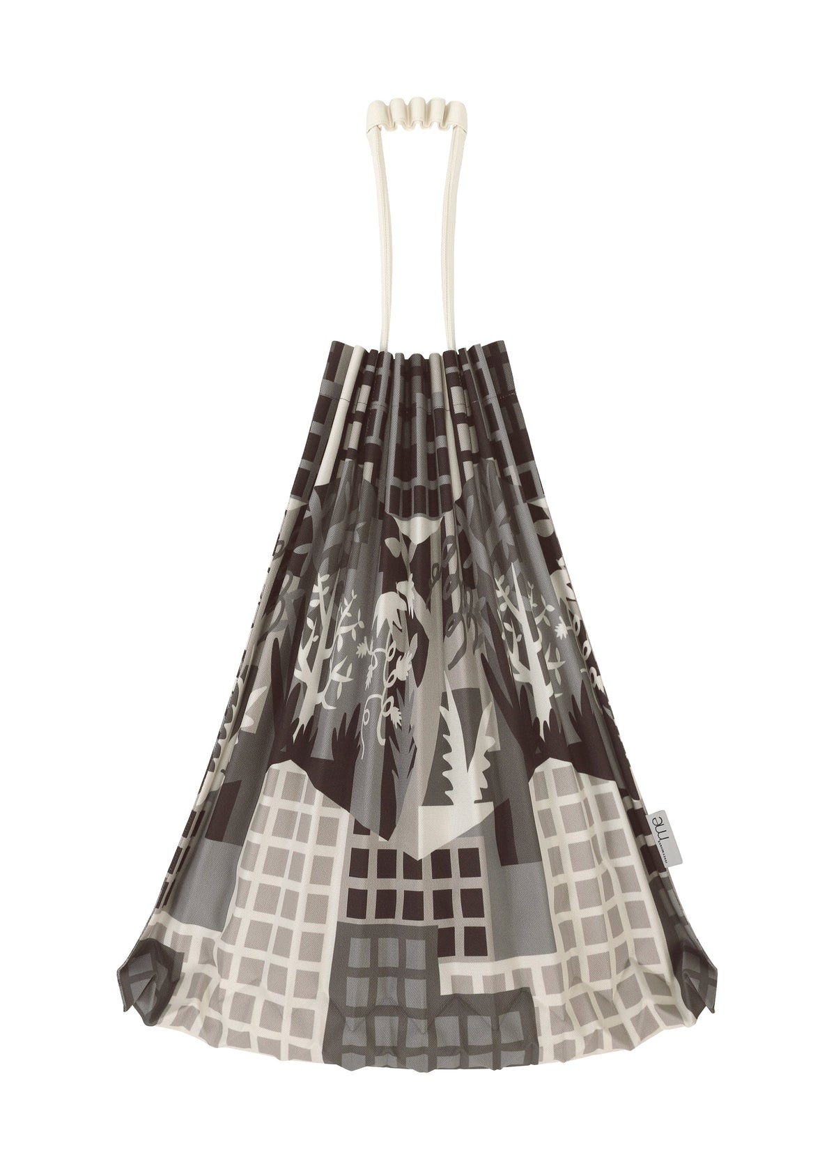 The BUILDING TRUNK PLEATS BAG by me ISSEY MIYAKE is a drawstring bag featuring a printed geometric and abstract nature-inspired pattern in shades of gray, cream, and black, with branch motifs and grid shapes. view 5 of 8