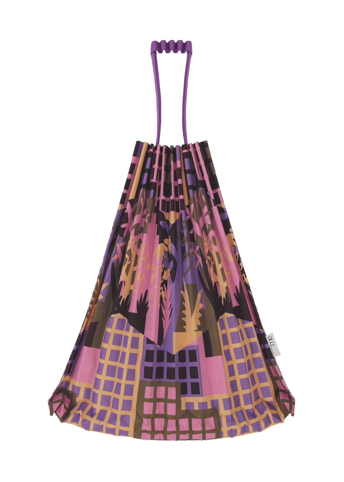 The BUILDING TRUNK PLEATS BAG by me ISSEY MIYAKE is a reusable tote bag showcasing a vibrant printed pattern with geometric and nature-inspired shapes in purple, pink, yellow, and brown. Designed with purple handles and a drawstring closure, it brings a modern touch to its colorful aesthetic. view 6 of 8
