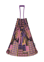 The BUILDING TRUNK PLEATS BAG by me ISSEY MIYAKE is a reusable tote bag showcasing a vibrant printed pattern with geometric and nature-inspired shapes in purple, pink, yellow, and brown. Designed with purple handles and a drawstring closure, it brings a modern touch to its colorful aesthetic.