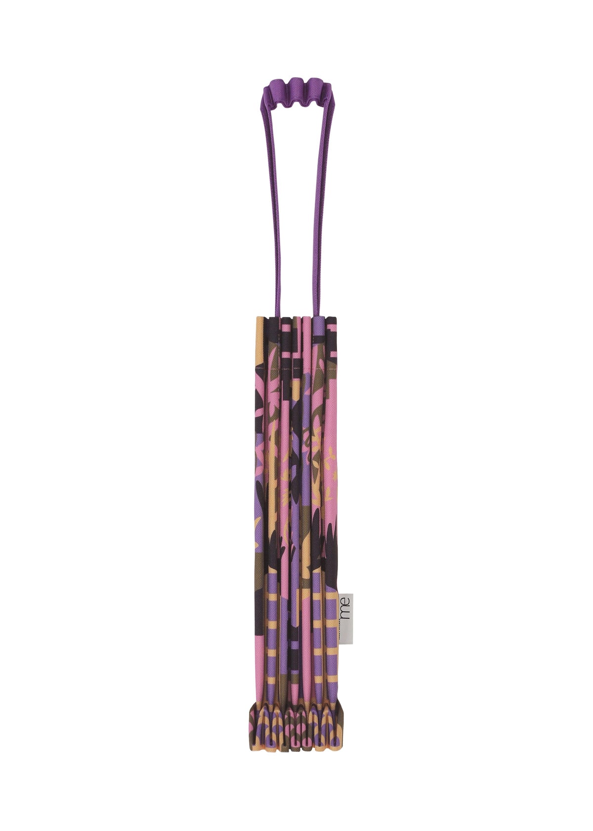 Six BUILDING TRUNK PLEATS BAGs by me ISSEY MIYAKE, featuring a purple, pink, and brown floral design, are grouped together with their distinctive handles at the top and displayed vertically on a white background. view 2 of 8