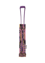 Six BUILDING TRUNK PLEATS BAGs by me ISSEY MIYAKE, featuring a purple, pink, and brown floral design, are grouped together with their distinctive handles at the top and displayed vertically on a white background. - PINK-HUED （no.27）