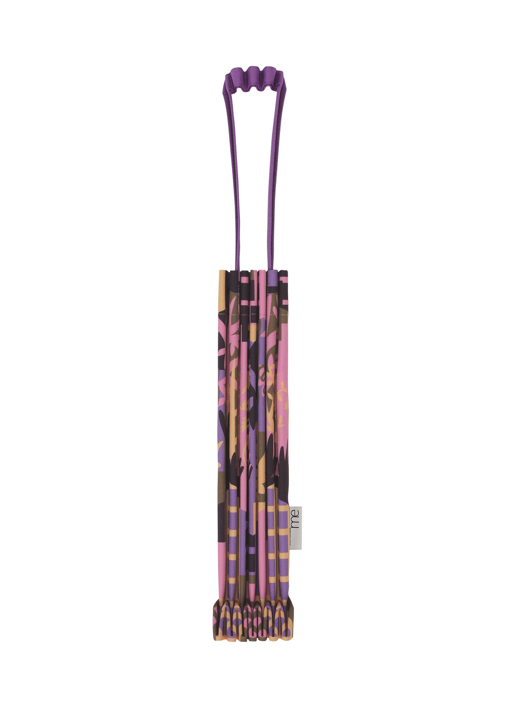 Zoomed view Six BUILDING TRUNK PLEATS BAGs by me ISSEY MIYAKE, featuring a purple, pink, and brown floral design, are grouped together with their distinctive handles at the top and displayed vertically on a white background. - PINK-HUED （no.27）
