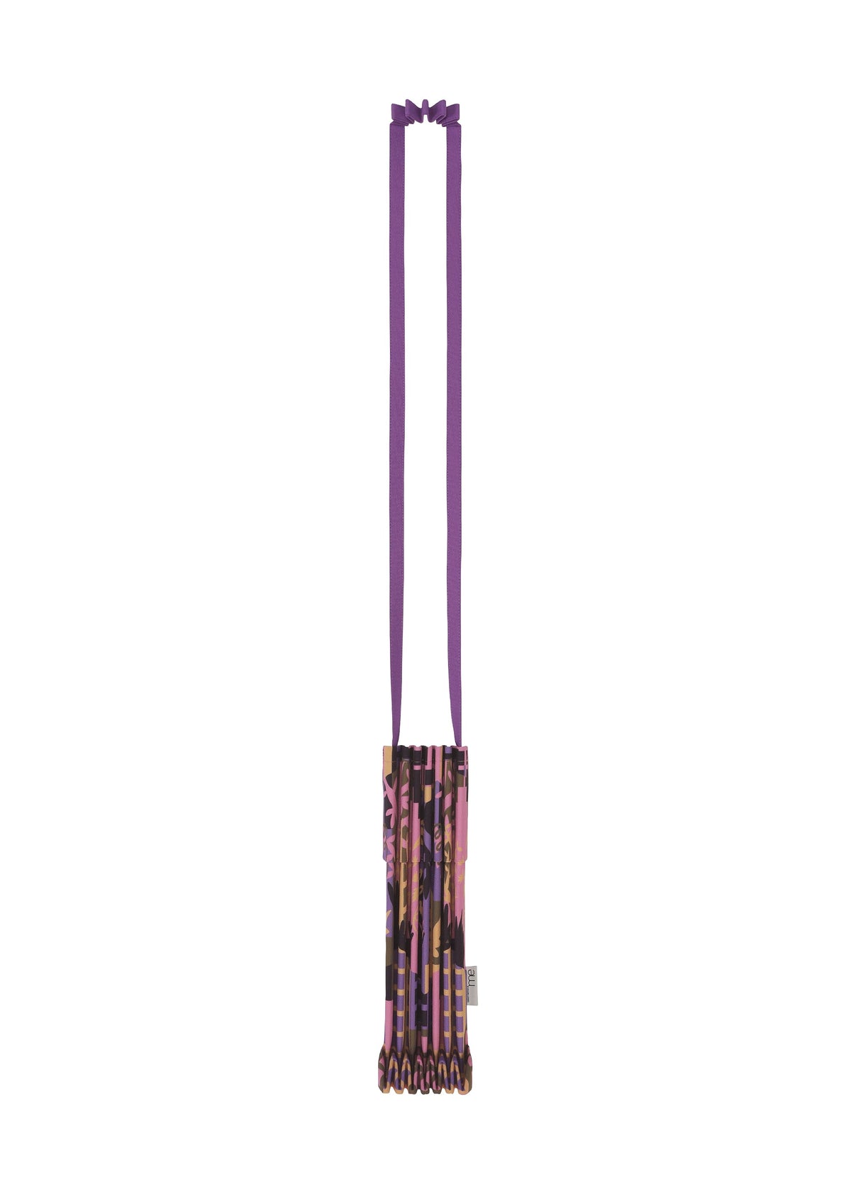 A small, rectangular shoulder bag with a long purple strap and a colorful pattern in shades of pink, purple, and brown. The bag features a pleated design at the bottom and boasts a unique handle for added style. view 2 of 8