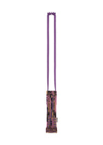 A small, rectangular shoulder bag with a long purple strap and a colorful pattern in shades of pink, purple, and brown. The bag features a pleated design at the bottom and boasts a unique handle for added style. - PINK-HUED （no.27）