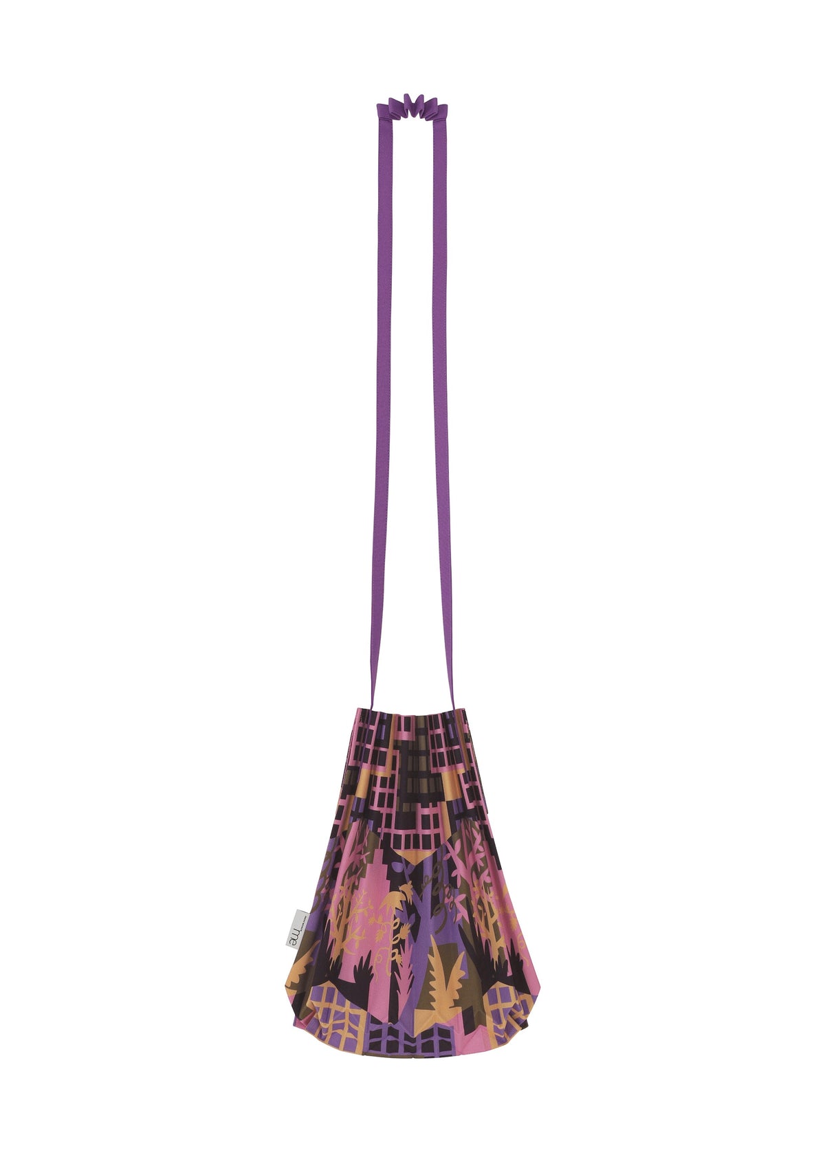 The BUILDING TRUNK PLEATS BAG by me ISSEY MIYAKE is a small shoulder bag featuring pleated detailing, a long purple strap, and a striking geometric pattern in shades of pink, purple, black, and gold. view 4 of 8