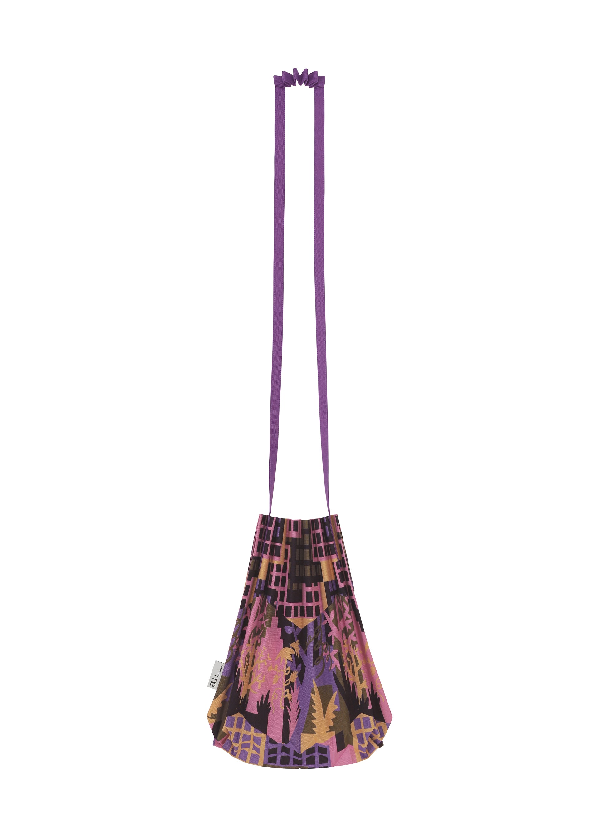 Zoomed view The BUILDING TRUNK PLEATS BAG by me ISSEY MIYAKE is a small shoulder bag featuring pleated detailing, a long purple strap, and a striking geometric pattern in shades of pink, purple, black, and gold.