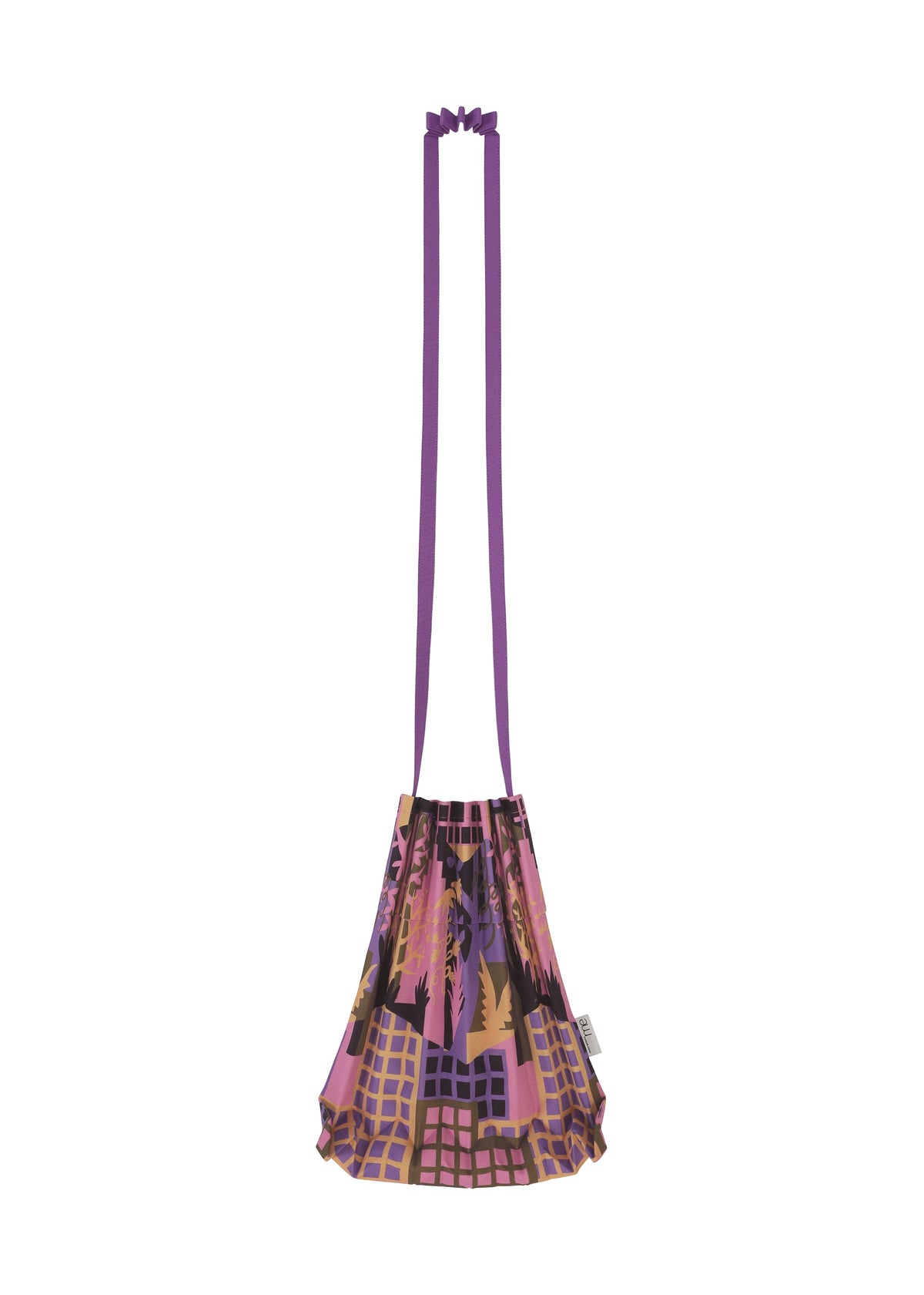 The BUILDING TRUNK PLEATS BAG by me ISSEY MIYAKE is a small shoulder bag featuring a long purple strap and a vibrant geometric pattern in shades of purple, pink, black, and gold. view 6 of 8