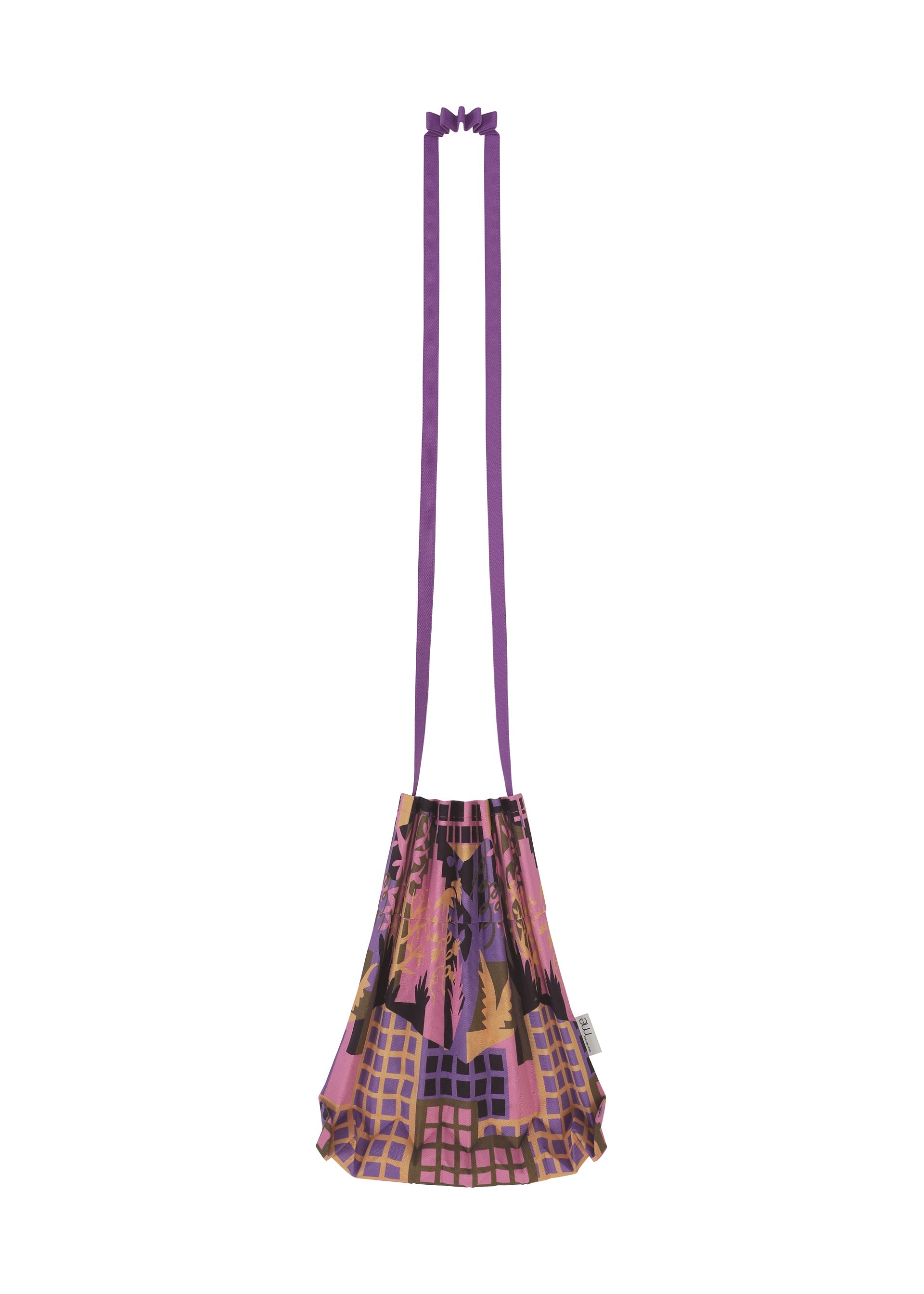 Zoomed view The BUILDING TRUNK PLEATS BAG by me ISSEY MIYAKE is a small shoulder bag featuring a long purple strap and a vibrant geometric pattern in shades of purple, pink, black, and gold.
