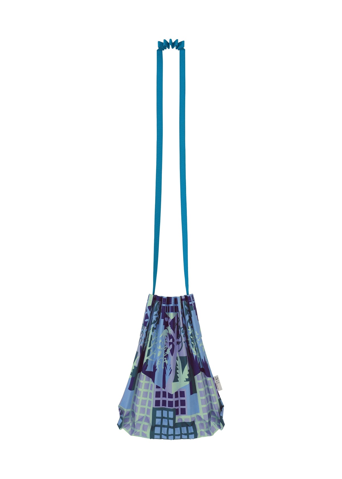 Introducing the BUILDING TRUNK PLEATS BAG by me ISSEY MIYAKE—a compact drawstring shoulder bag featuring striking blue straps and a vibrant geometric pattern in shades of blue, green, and purple set against a crisp white background. Its distinctive handle design blends style with practicality, making it the ideal accessory for carrying your essentials whether you’re navigating city streets or tending to your urban garden. view 7 of 8