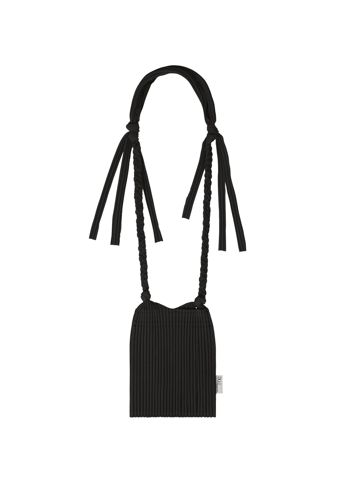 A compact black LEAF PLEATS BAG by me ISSEY MIYAKE, crafted from pleated jersey and featuring braided shoulder straps with knotted ends, displayed on a white background. view 1 of 6