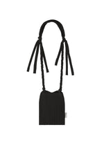 A compact black LEAF PLEATS BAG by me ISSEY MIYAKE, crafted from pleated jersey and featuring braided shoulder straps with knotted ends, displayed on a white background. - BLACK （no.15）