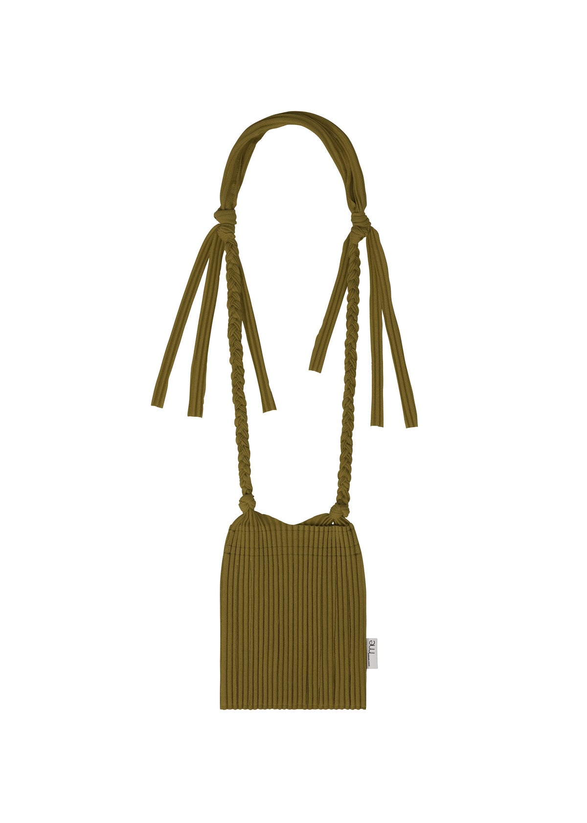 The LEAF PLEATS BAG by me ISSEY MIYAKE is an olive green, pleated fabric bag with a braided strap and tied ends, finished with a small fabric tag on the side. Basket-inspired in design, it hangs vertically against a plain white background. view 3 of 6