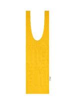 The LOGO PLEATS BAG by me ISSEY MIYAKE, a flat yellow pleated bag with wide handles and a white tag, stands out against a white background, highlighting its unique texture and reusable design. - YELLOW （no.52）