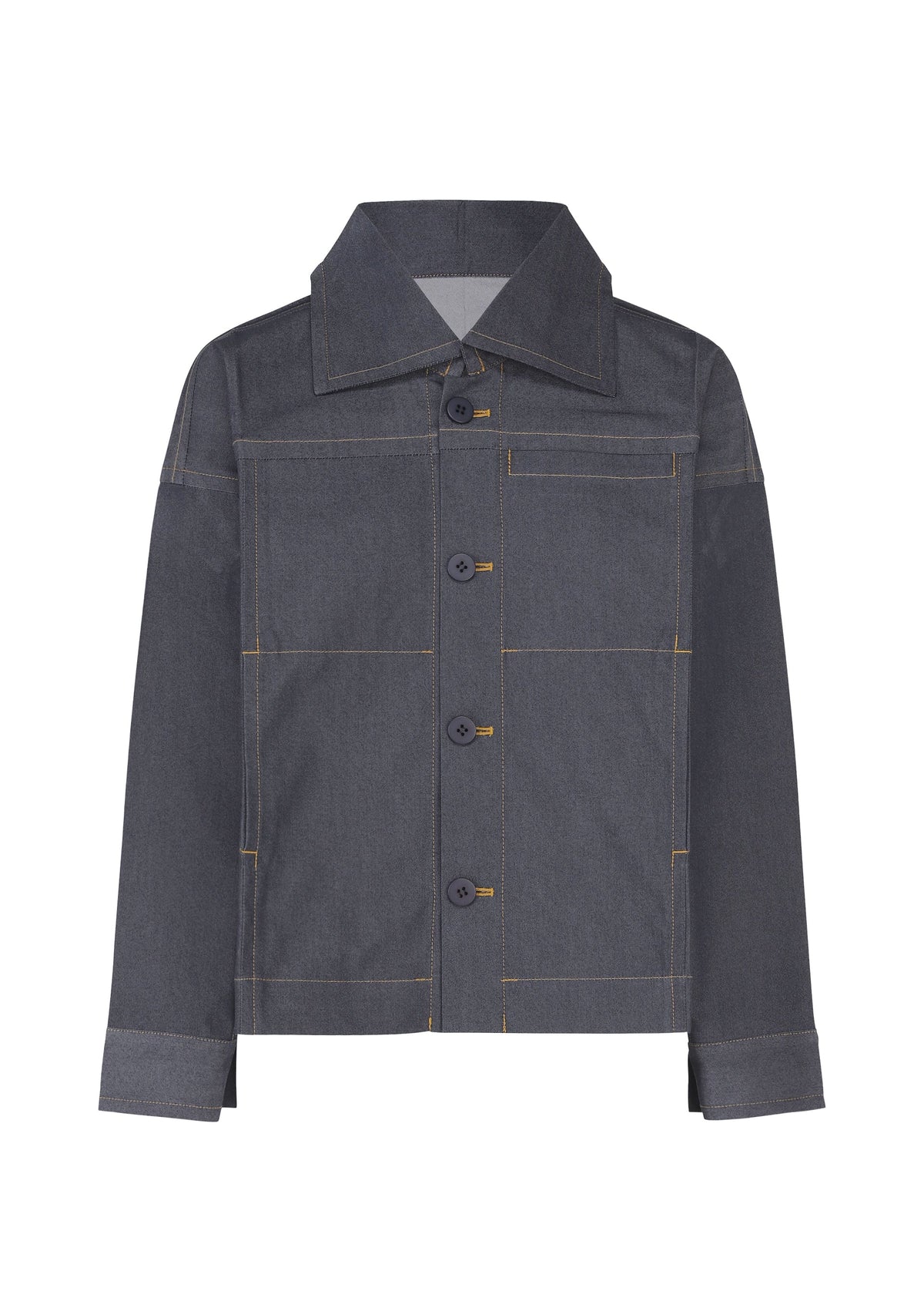 The FLAT DENIM by me ISSEY MIYAKE features a realistic dark denim texture, long sleeves, pointed collar, front buttons, yellow stitching, and a left chest pocket for a structured yet portable and stylish look. view 1 of 7