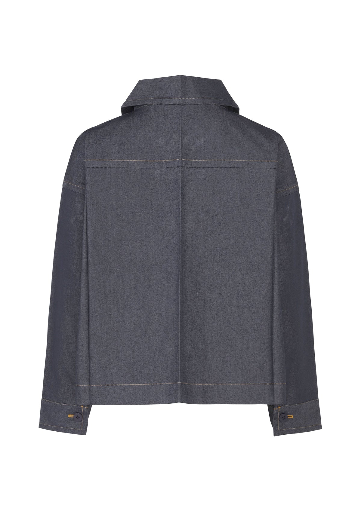 Back view of the FLAT DENIM jacket by me ISSEY MIYAKE in gray recycled polyester with long sleeves, straight hem, spread collar, buttoned cuffs, realistic denim-textured seams, and a relaxed boxy fit. view 2 of 7