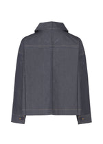 Back view of the FLAT DENIM jacket by me ISSEY MIYAKE in gray recycled polyester with long sleeves, straight hem, spread collar, buttoned cuffs, realistic denim-textured seams, and a relaxed boxy fit.