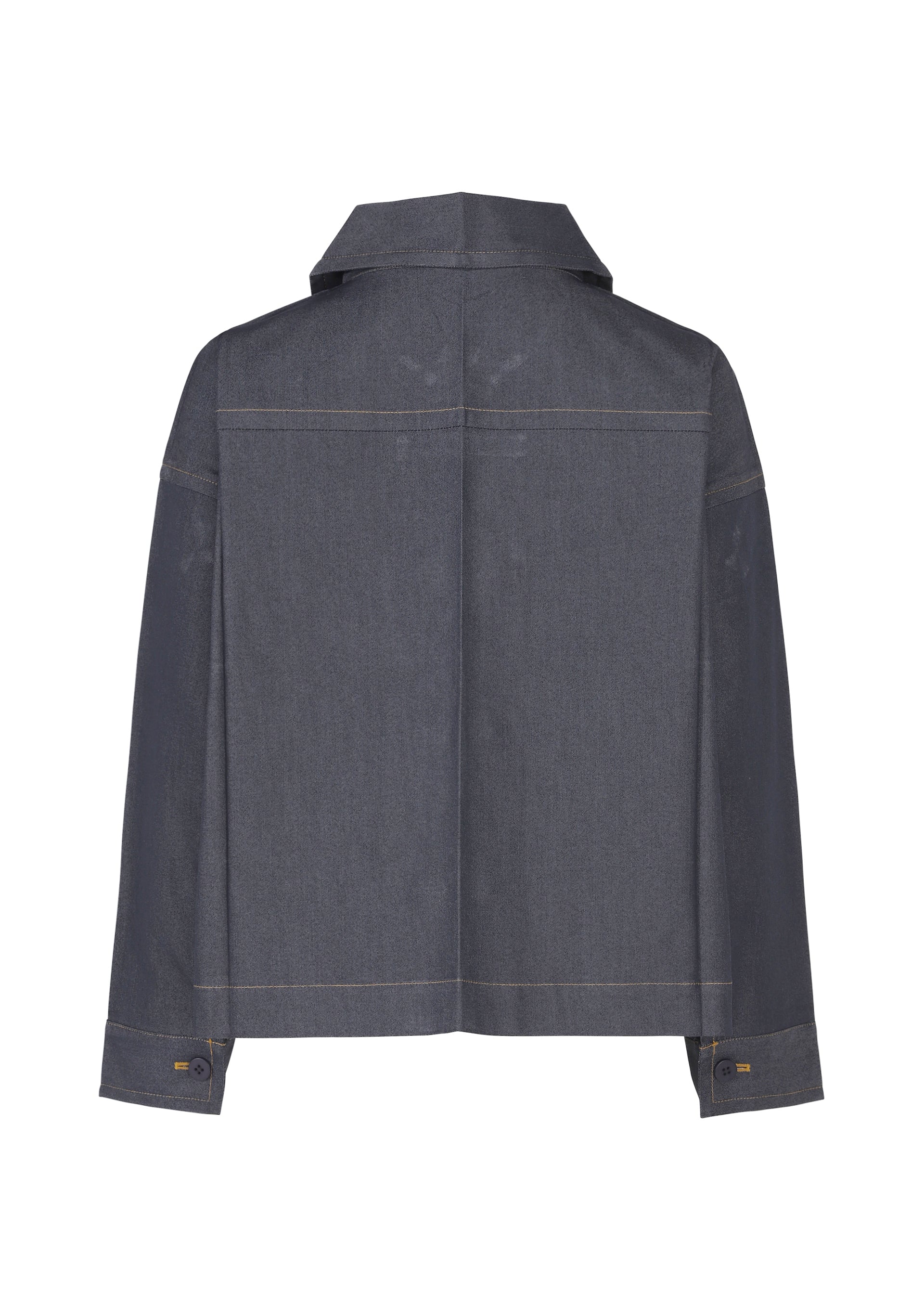 Zoomed view Back view of the FLAT DENIM jacket by me ISSEY MIYAKE in gray recycled polyester with long sleeves, straight hem, spread collar, buttoned cuffs, realistic denim-textured seams, and a relaxed boxy fit.