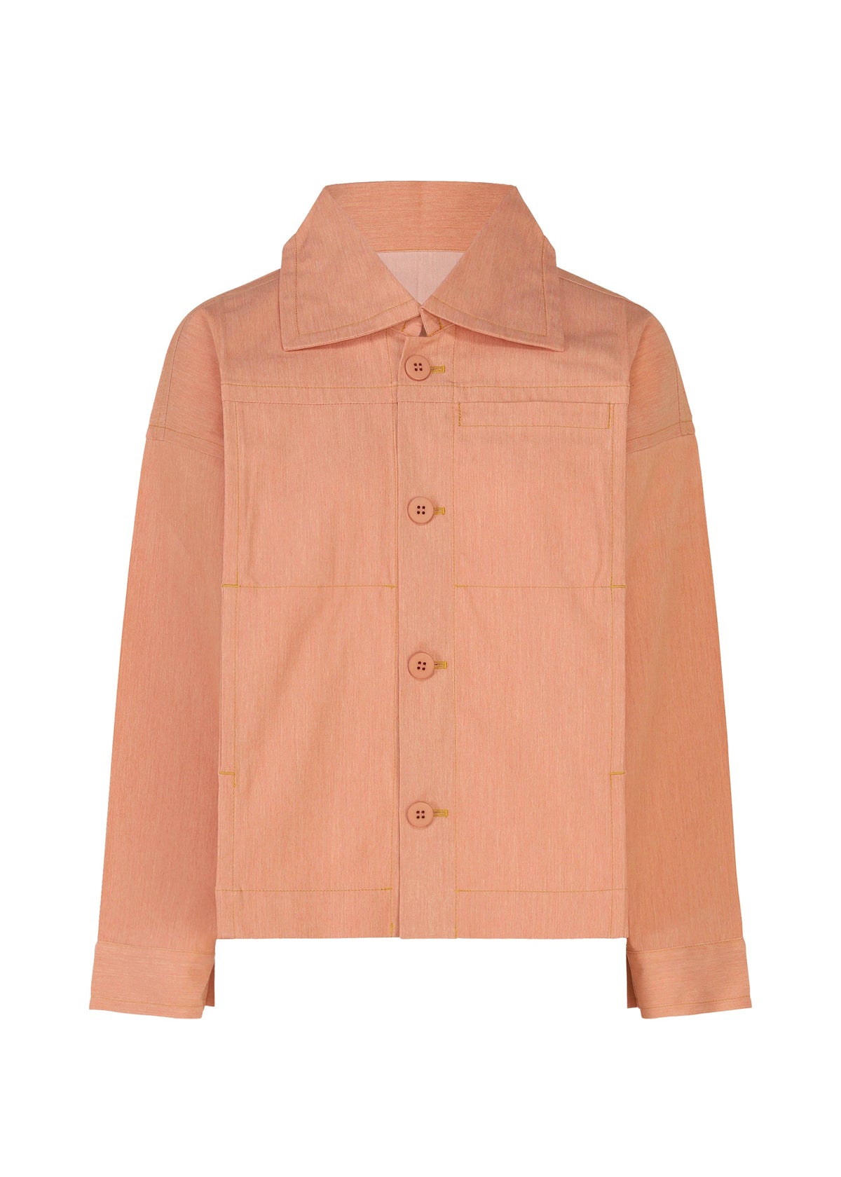The FLAT DENIM SEASONAL by me ISSEY MIYAKE is a light salmon pink, long-sleeved portable jacket with a pointed collar, large buttons, square front pockets, and visible stitching. Made from recycled polyester denim in a relaxed, minimalist fit. view 1 of 7
