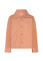 The FLAT DENIM SEASONAL by me ISSEY MIYAKE is a light salmon pink, long-sleeved portable jacket with a pointed collar, large buttons, square front pockets, and visible stitching. Made from recycled polyester denim in a relaxed, minimalist fit. - SALMON PINK （no.31）