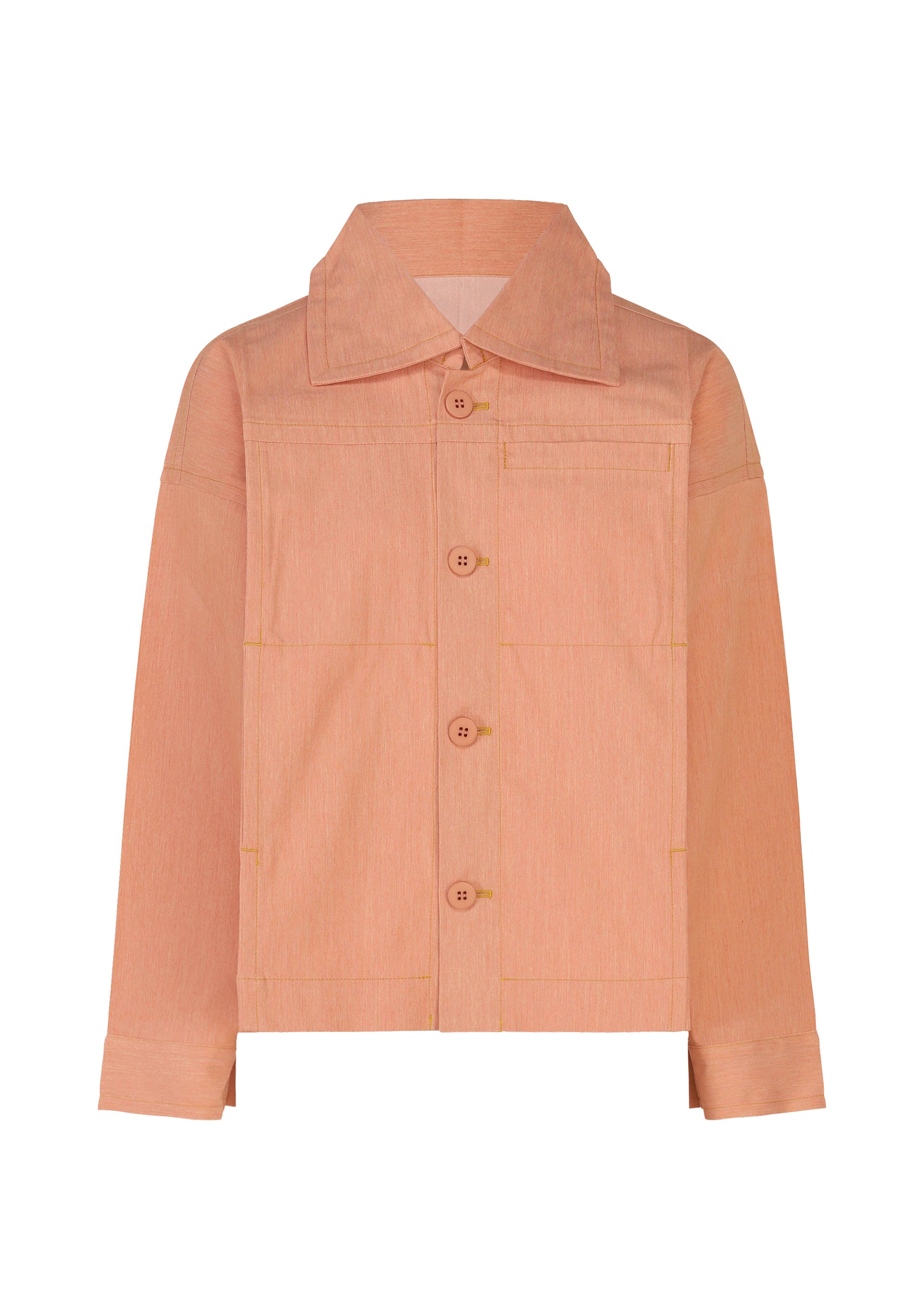 Zoomed view The FLAT DENIM SEASONAL by me ISSEY MIYAKE is a light salmon pink, long-sleeved portable jacket with a pointed collar, large buttons, square front pockets, and visible stitching. Made from recycled polyester denim in a relaxed, minimalist fit. - SALMON PINK （no.31）