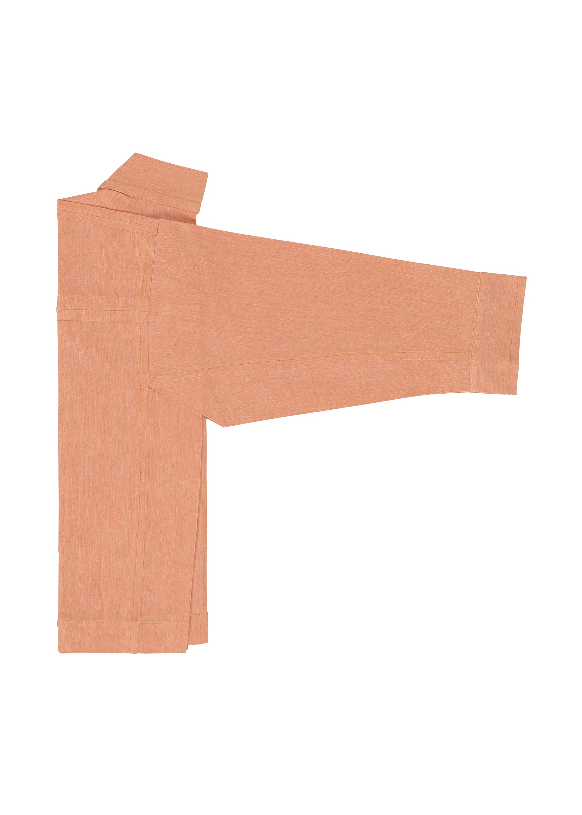 Zoomed view The FLAT DENIM SEASONAL shirt by me ISSEY MIYAKE, in soft salmon pink recycled polyester denim, is long-sleeved and button-up, shown neatly folded on a plain white background.