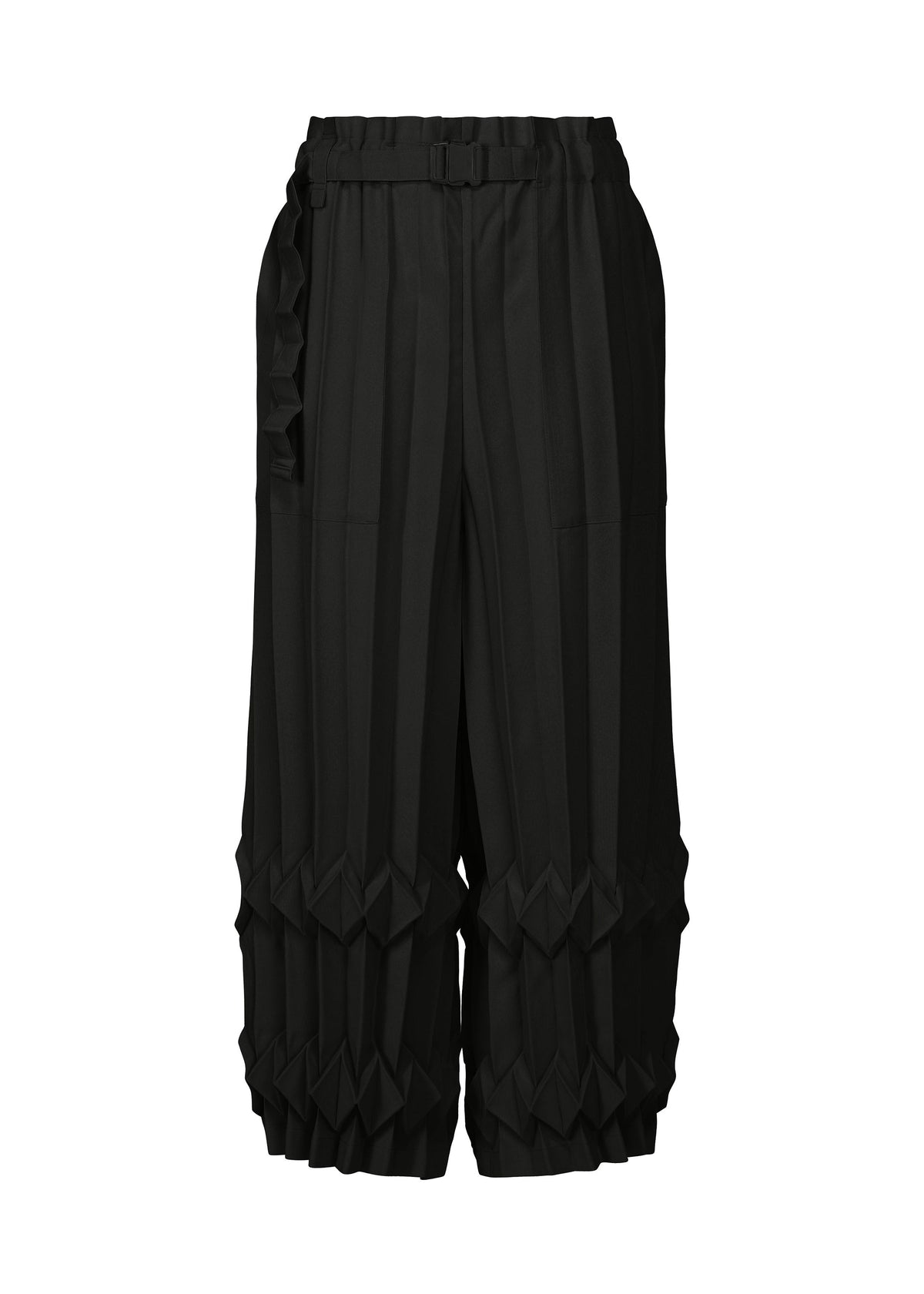 The TREE PLEATS trousers by me ISSEY MIYAKE are black, wide-leg, and high-waisted with geometric knee folds, a fabric belt, and hand pleating for a sculptural, avant-garde design. view 1 of 6