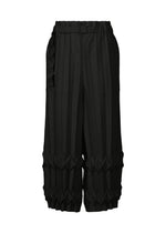The TREE PLEATS trousers by me ISSEY MIYAKE are black, wide-leg, and high-waisted with geometric knee folds, a fabric belt, and hand pleating for a sculptural, avant-garde design. - BLACK （no.15）