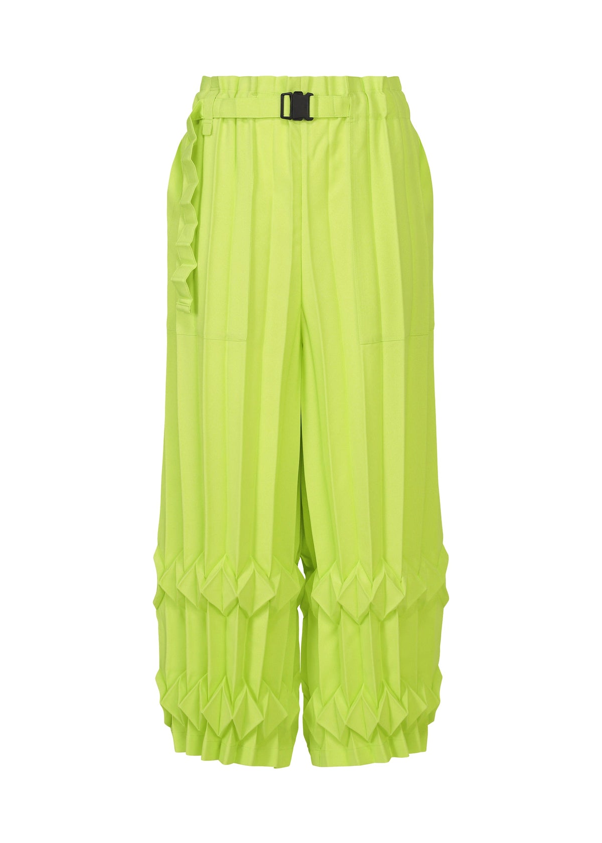 The TREE PLEATS wide pants by me ISSEY MIYAKE feature a bright lime green hue, hand pleating, a high waist with black buckle belt, and geometric folds for a bold 3D effect at the knees. view 2 of 6