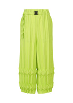 The TREE PLEATS wide pants by me ISSEY MIYAKE feature a bright lime green hue, hand pleating, a high waist with black buckle belt, and geometric folds for a bold 3D effect at the knees. - LIME YELLOW （no.51）