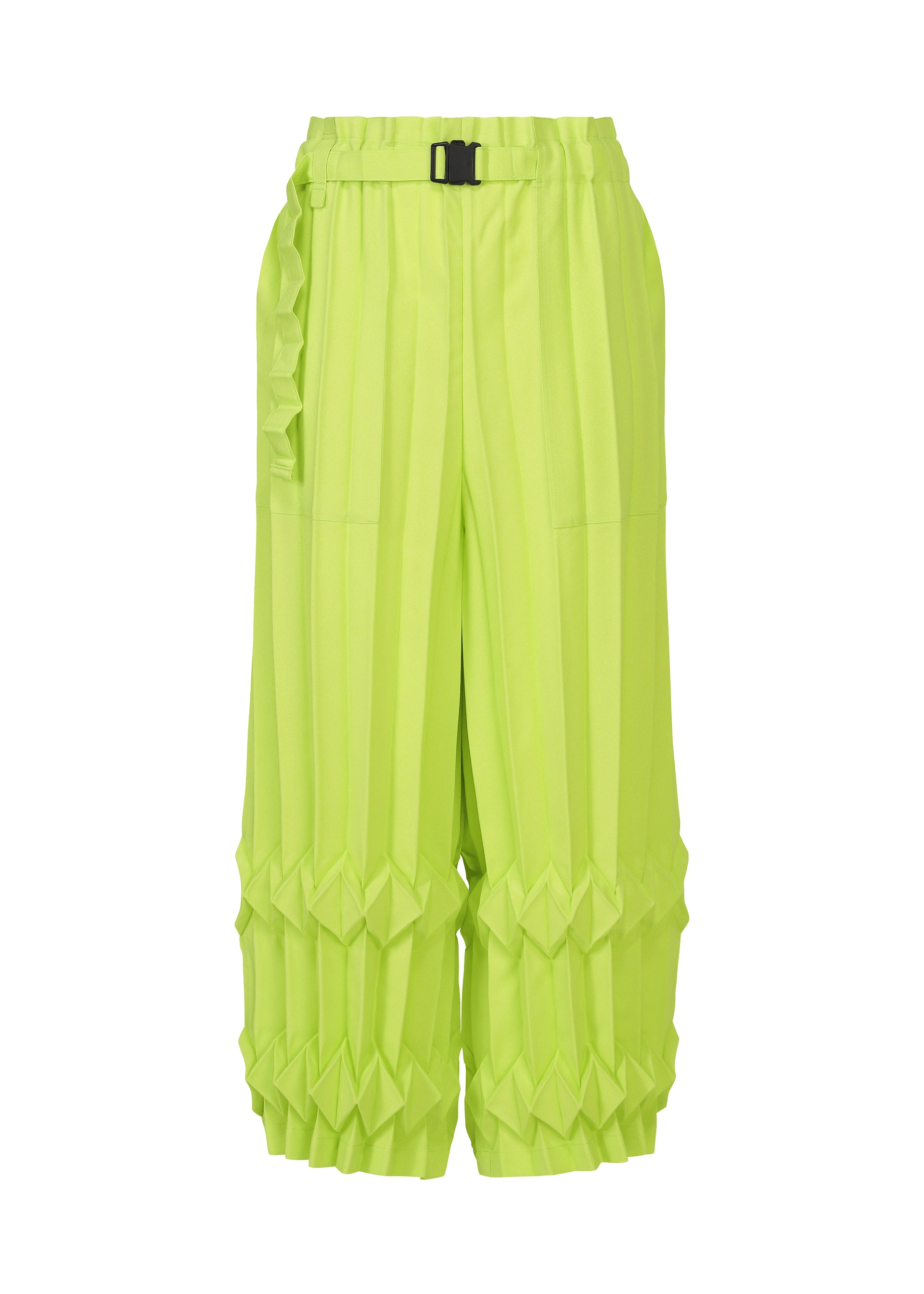 Zoomed view The TREE PLEATS wide pants by me ISSEY MIYAKE feature a bright lime green hue, hand pleating, a high waist with black buckle belt, and geometric folds for a bold 3D effect at the knees. - LIME YELLOW （no.51）