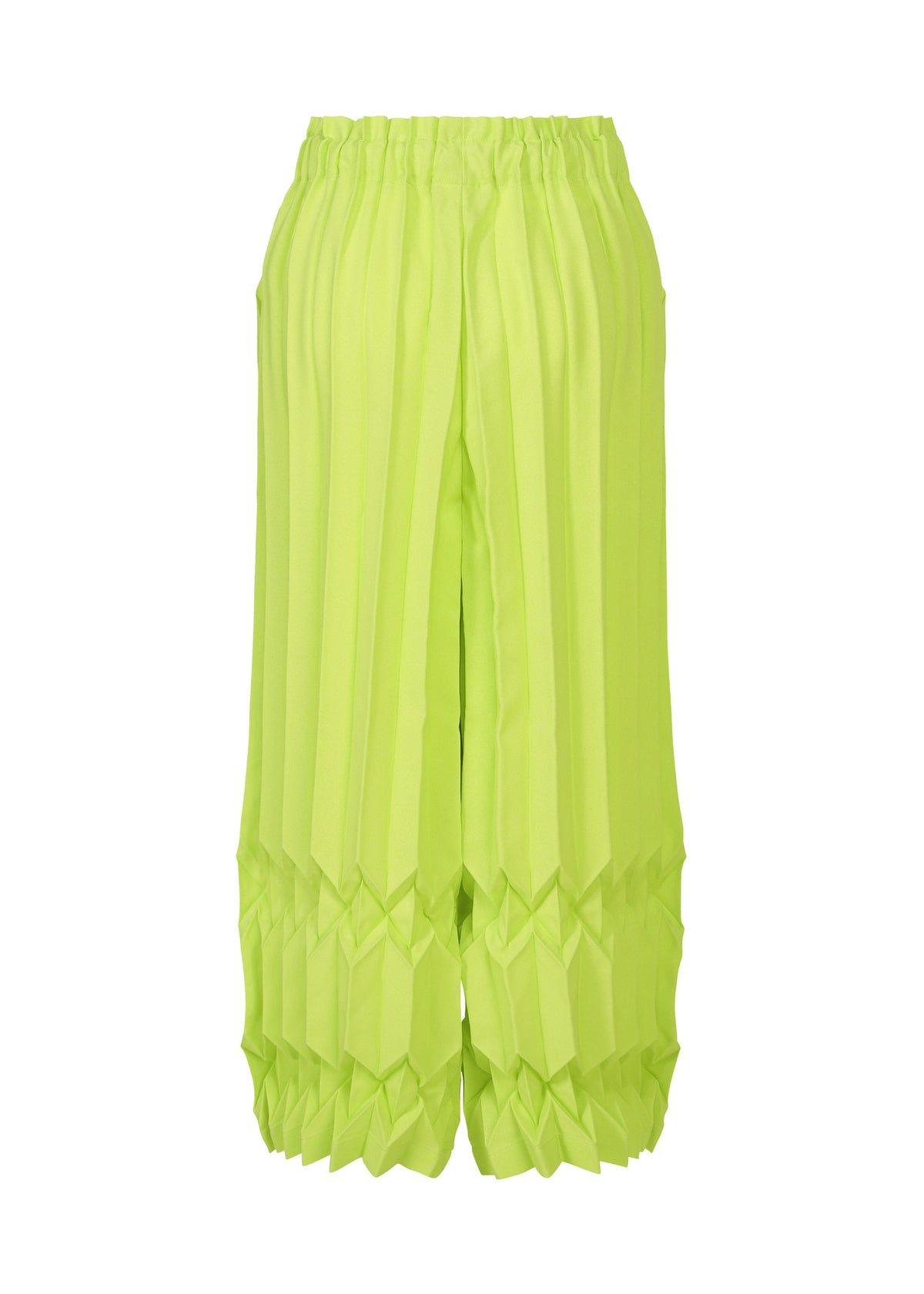 TREE PLEATS wide pants by me ISSEY MIYAKE feature neon yellow-green fabric with an elastic waistband and hand pleating, creating geometric, origami-inspired folds and a three-dimensional pattern. view 4 of 6