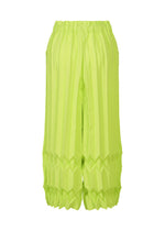TREE PLEATS wide pants by me ISSEY MIYAKE feature neon yellow-green fabric with an elastic waistband and hand pleating, creating geometric, origami-inspired folds and a three-dimensional pattern.