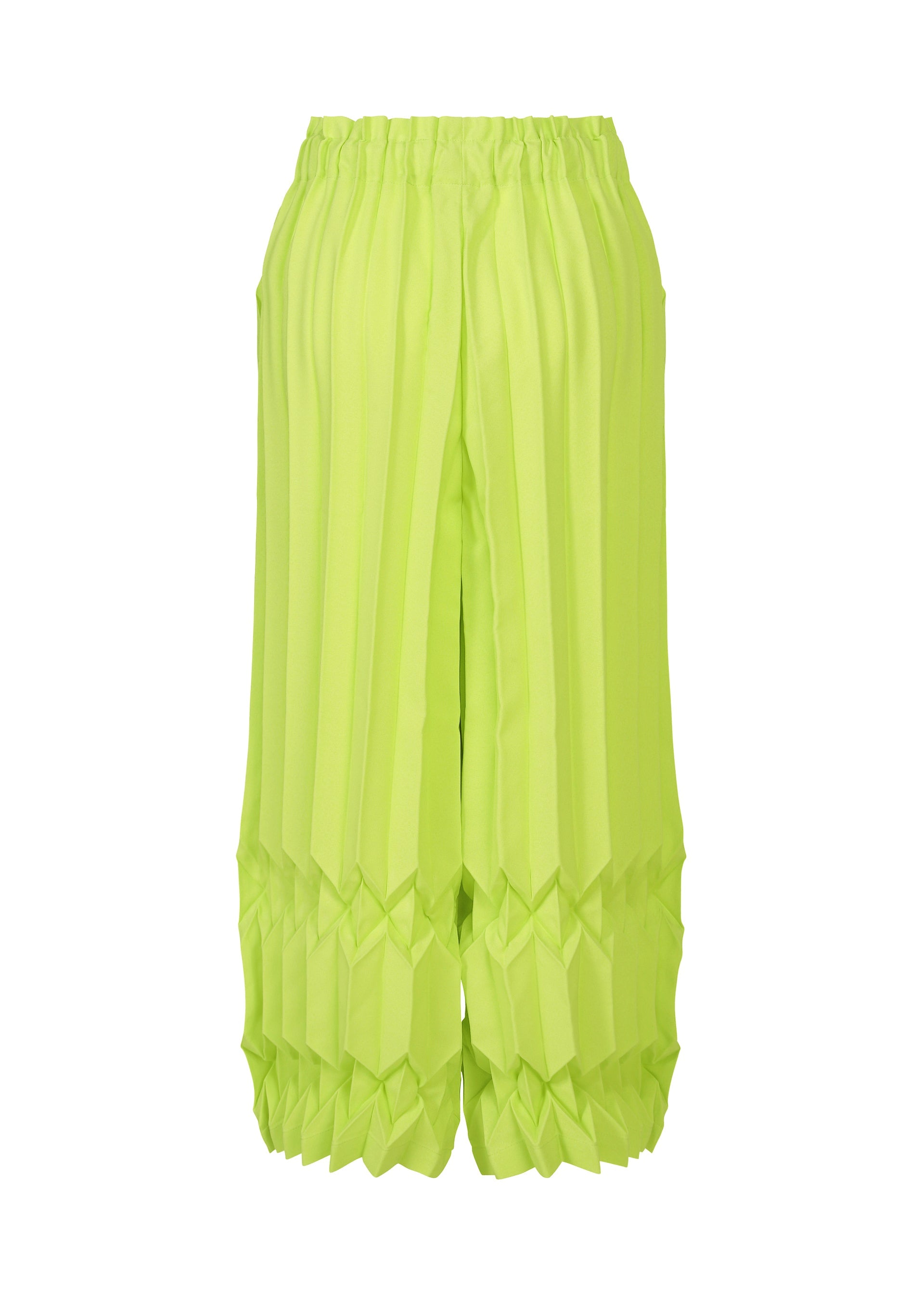 Zoomed view TREE PLEATS wide pants by me ISSEY MIYAKE feature neon yellow-green fabric with an elastic waistband and hand pleating, creating geometric, origami-inspired folds and a three-dimensional pattern.